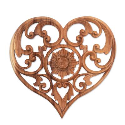 Hand Carved Heart and Lotus Flower Wood