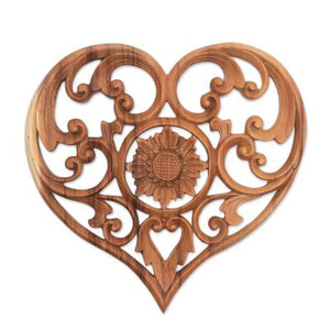 Hand Carved Heart and Lotus Flower Wood