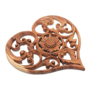 Hand Carved Heart and Lotus Flower Wood