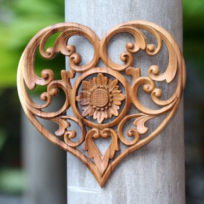 Hand Carved Heart and Lotus Flower Wood