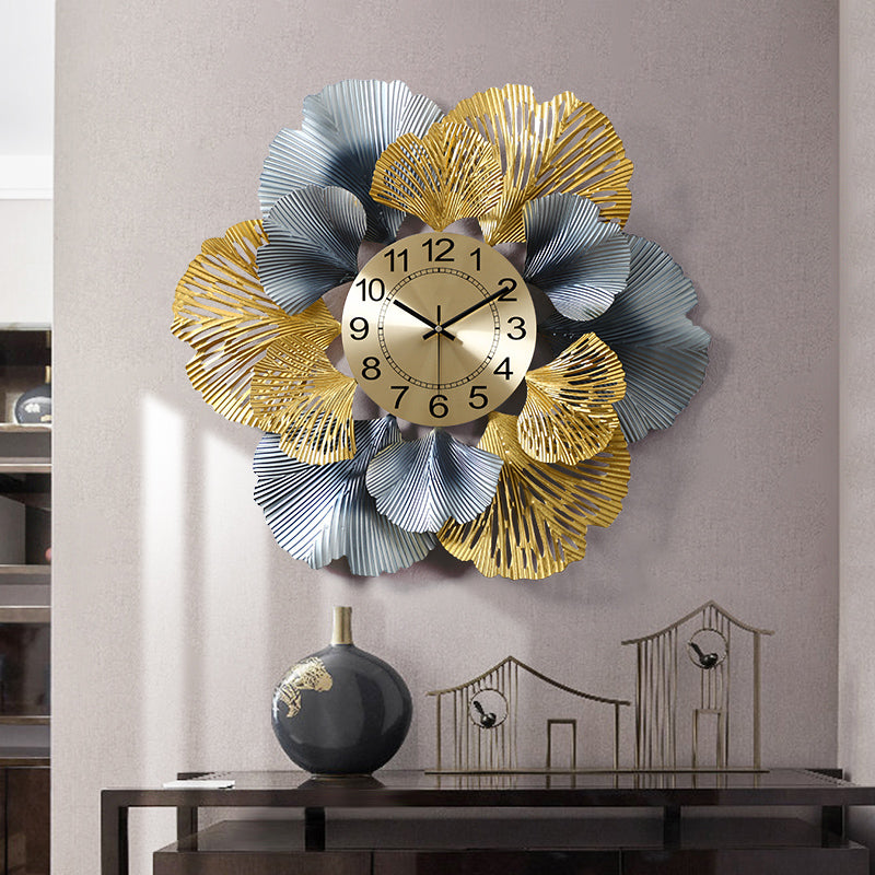 Modern Grey And Gold Floral Metal Wall Clock
