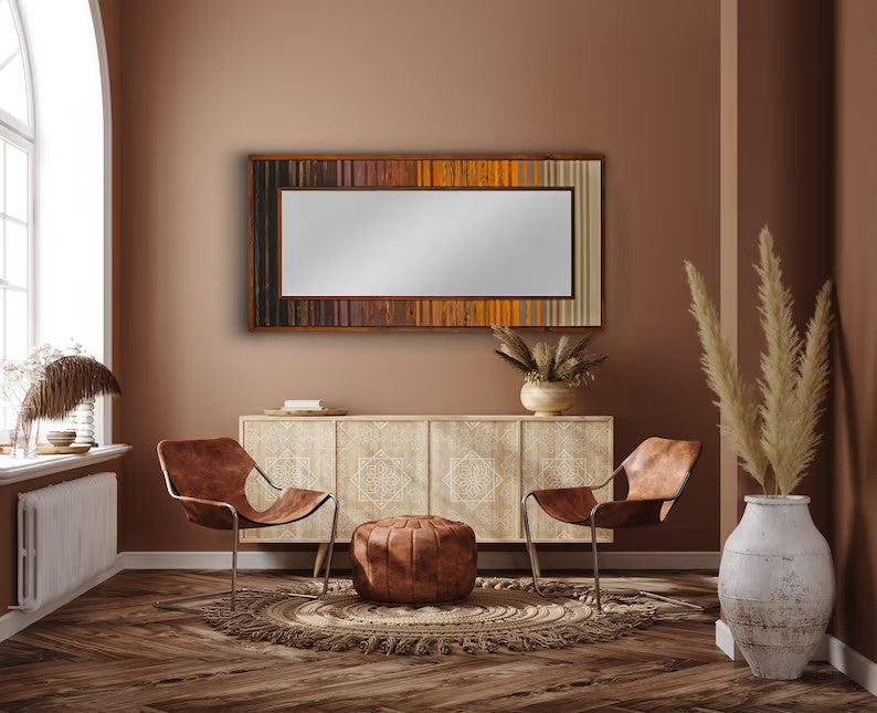 RUSTIC PLANK WOOD MOSAIC MIRROR WALL DECOR