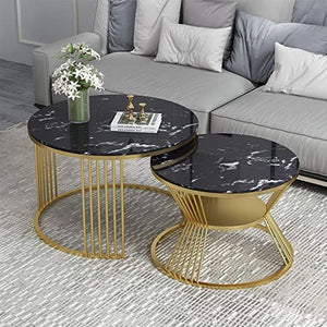 Ornate Complementing Golden Coffee Table with Black Marble (Set of 2)