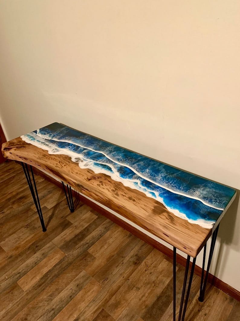 Epoxy Resin Ocean Console Table with Waves Effect