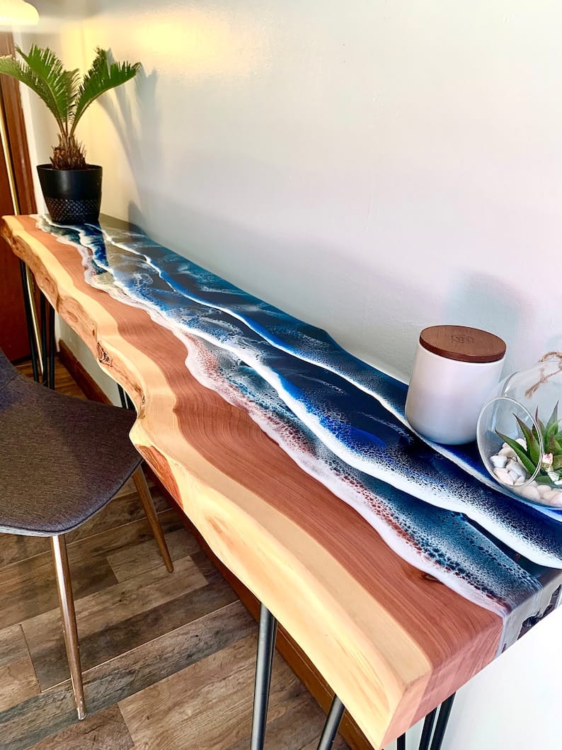 Epoxy Resin Ocean Console Table with Waves Effect