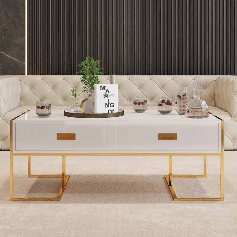 Modern White Rectangular Coffee Table with Drawers Lacquer Gold Base