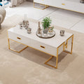 Modern White Rectangular Coffee Table with Drawers Lacquer Gold Base