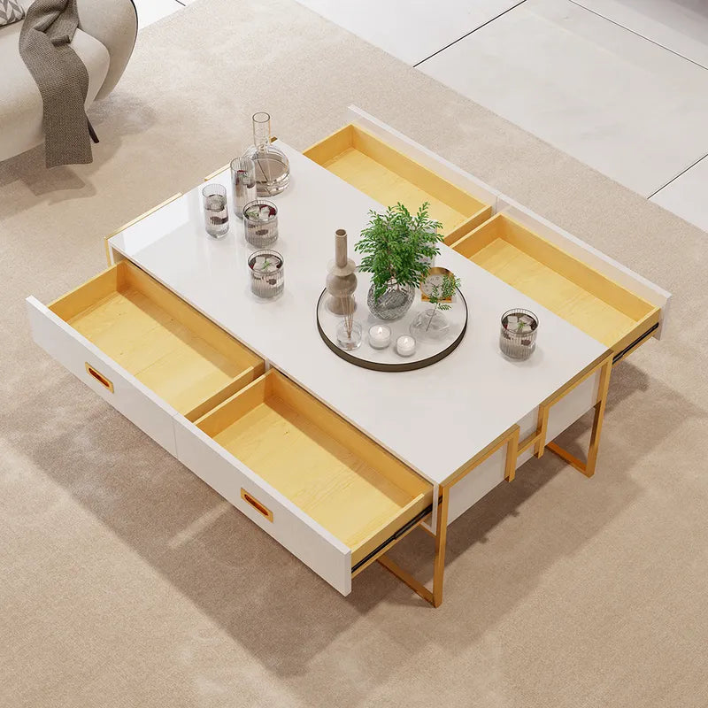 Modern White Rectangular Coffee Table with Drawers Lacquer Gold Base
