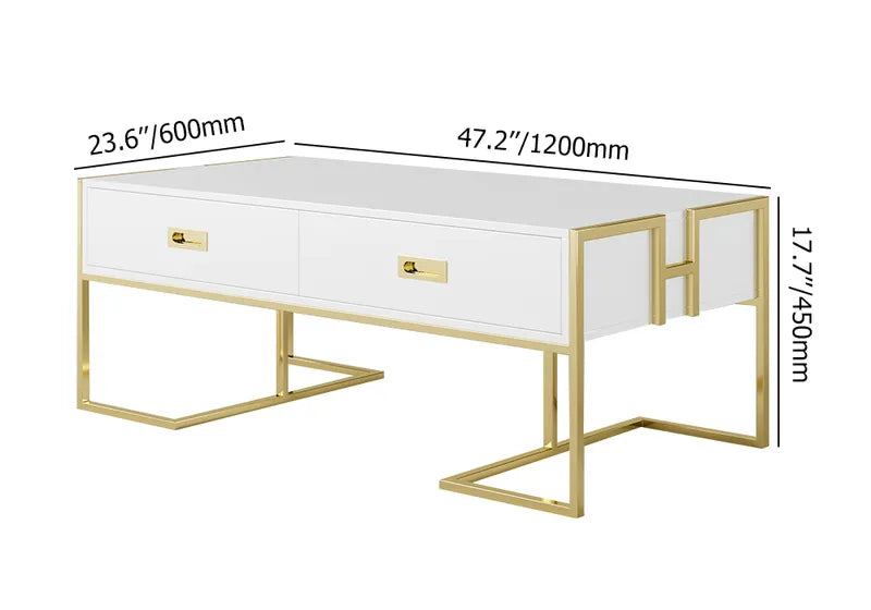 Modern White Rectangular Coffee Table with Drawers Lacquer Gold Base