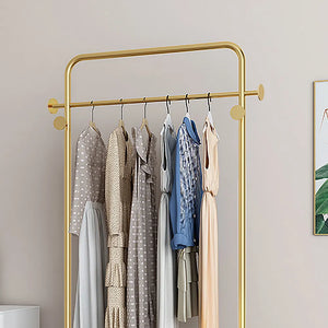 Metal Clothing Rack Freestanding Cloth Rail Rack with Hooks & Marble Base in Gold