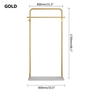 Metal Clothing Rack Freestanding Cloth Rail Rack with Hooks & Marble Base in Gold