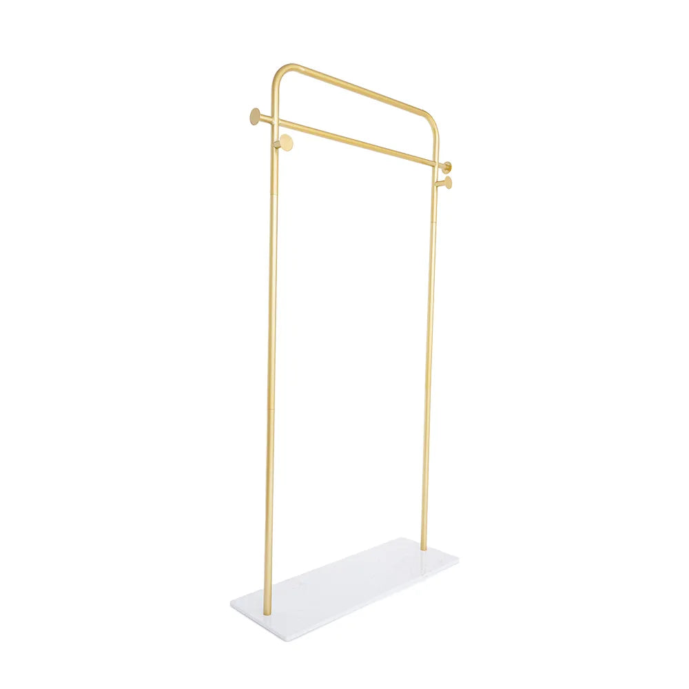 Metal Clothing Rack Freestanding Cloth Rail Rack with Hooks & Marble Base in Gold