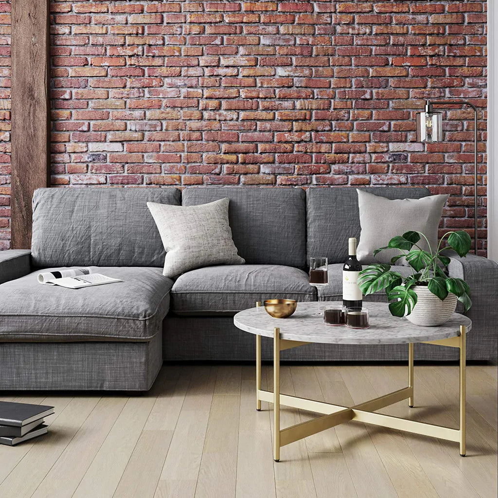 Minimalist Metal Coffee Table In Criss Cross Matte Gold Base