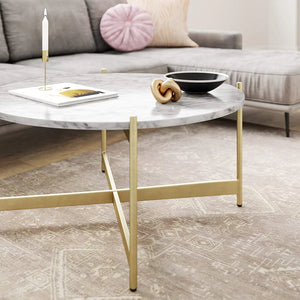 Minimalist Metal Coffee Table In Criss Cross Matte Gold Base