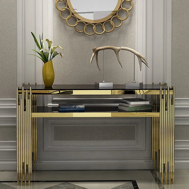 Modern Black Faux Marble Narrow Console Table with Storage Shelf and 4 Gold Legs