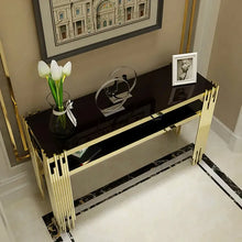 Load image into Gallery viewer, Modern Black Faux Marble Narrow Console Table with Storage Shelf and 4 Gold Legs
