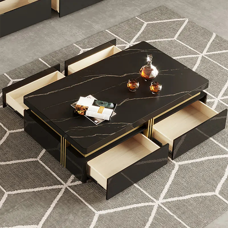 Modern Coffee Table with Storage in Black Center Table with Stainless Steel Base
