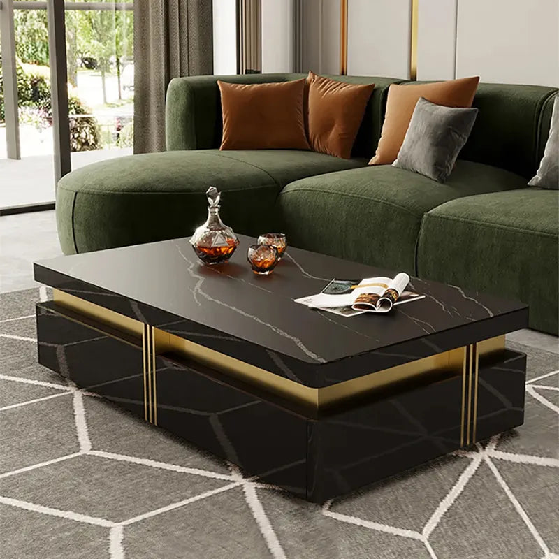 Modern Coffee Table with Storage in Black Center Table with Stainless Steel Base
