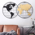 Modern Geometry World Map Wall Decor with Metal Round Frame in Black & Gold