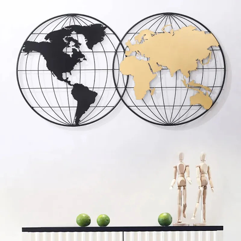 Modern Geometry World Map Wall Decor with Metal Round Frame in Black & Gold