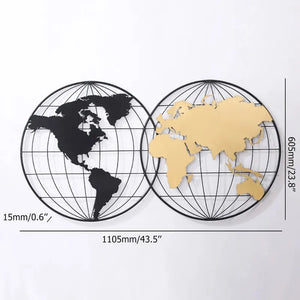 Modern Geometry World Map Wall Decor with Metal Round Frame in Black & Gold
