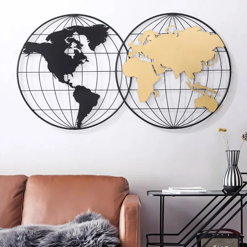 Modern Geometry World Map Wall Decor with Metal Round Frame in Black & Gold