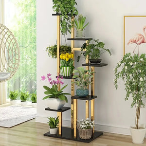 Modern Ladder 7-Tiered Plant Stand in Gold & Black