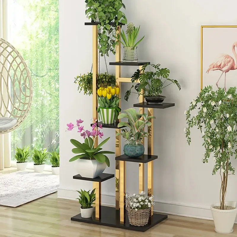 Modern Ladder 7-Tiered Plant Stand in Gold & Black