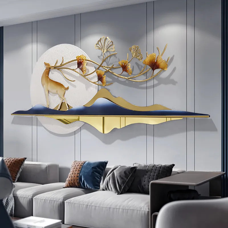 Modern Metal Wall Decor with Hollow-Out Ginkgo Leaves & Deer