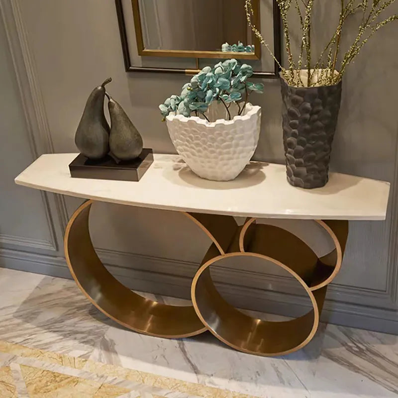 Modern Narrow White Console Table Marble Top Round Metal Pedestal