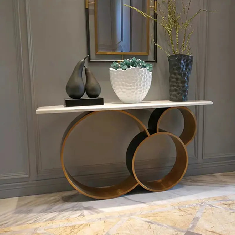 Modern Narrow White Console Table Marble Top Round Metal Pedestal