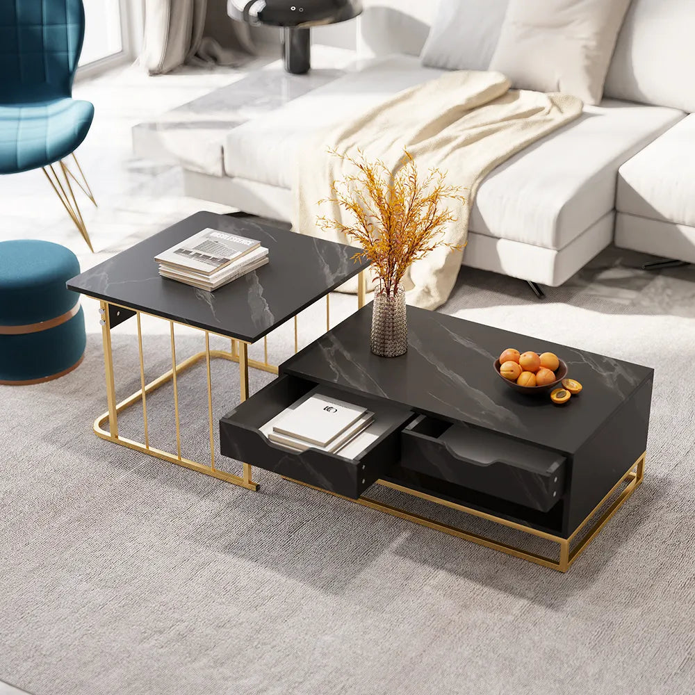 Modern Nesting Coffee Table Set of 2 in Black with Drawers & Shelves