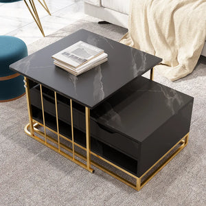 Modern Nesting Coffee Table Set of 2 in Black with Drawers & Shelves