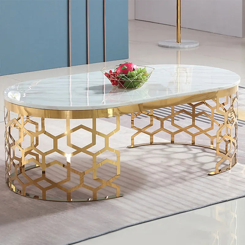 Modern Oval Coffee Table Marble Top with Stainless Steel Frame