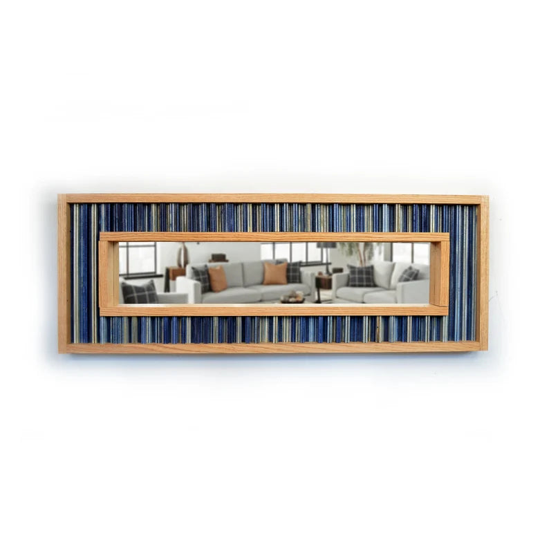 Modern Reclaimed Pine and Navy Blue Striped Wood Mirror Mosaic Wall Decor