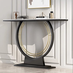 Modern Rectangular Sintered Stone Top Console Table in Black & White & Gold
