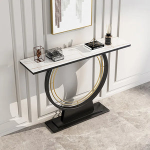 Modern Rectangular Sintered Stone Top Console Table in Black & White & Gold