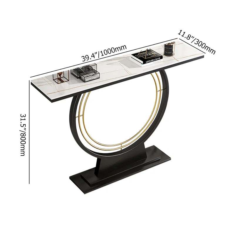 Modern Rectangular Sintered Stone Top Console Table in Black & White & Gold