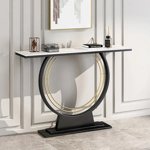Modern Rectangular Sintered Stone Top Console Table in Black & White & Gold