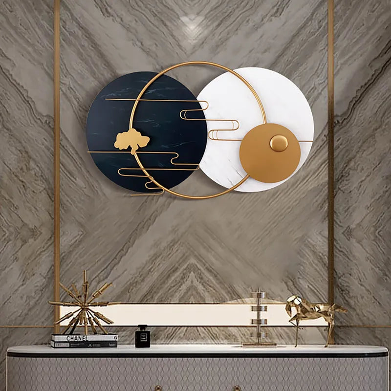 Modern Round Metal Wall Decor Geometric Decorative Wall Art in White & Black & Gold