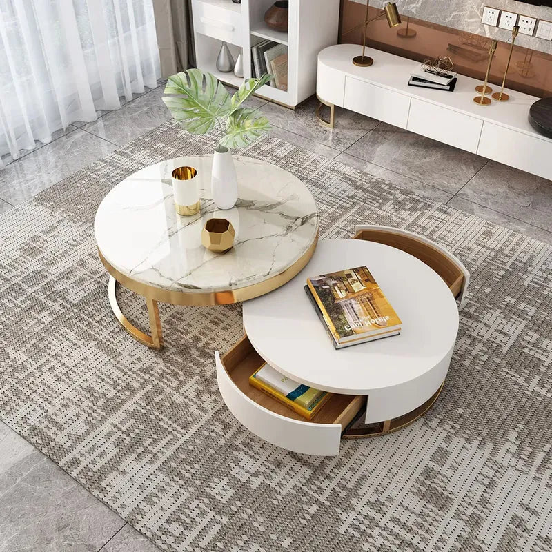 Modern Round Sintered Stone Nesting Wood Coffee Table with Drawers in White