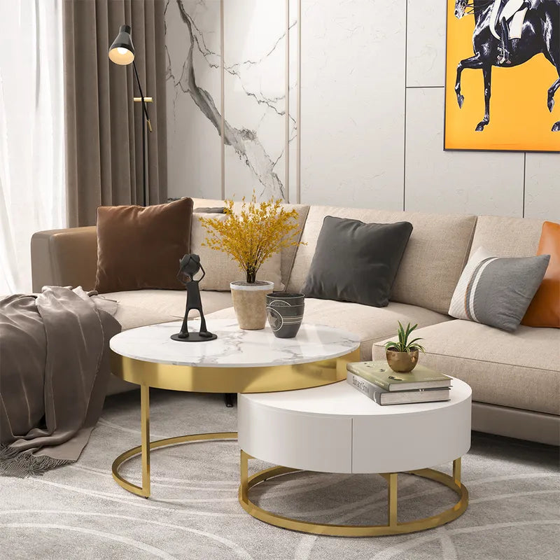 Modern Round Sintered Stone Nesting Wood Coffee Table with Drawers in White