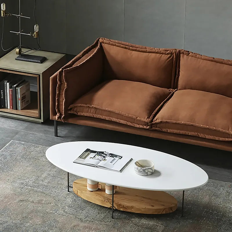 Modern White & Natural Oval Coffee Table with Storage Shelf Light Wood and Metal