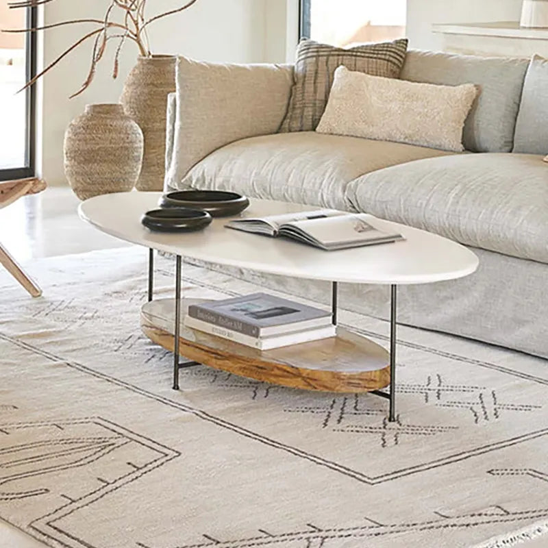 Modern White & Natural Oval Coffee Table with Storage Shelf Light Wood ...