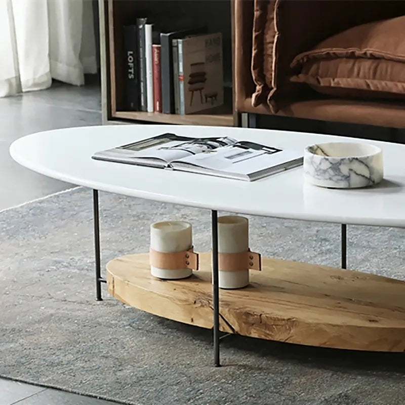 Modern White & Natural Oval Coffee Table with Storage Shelf Light Wood and Metal