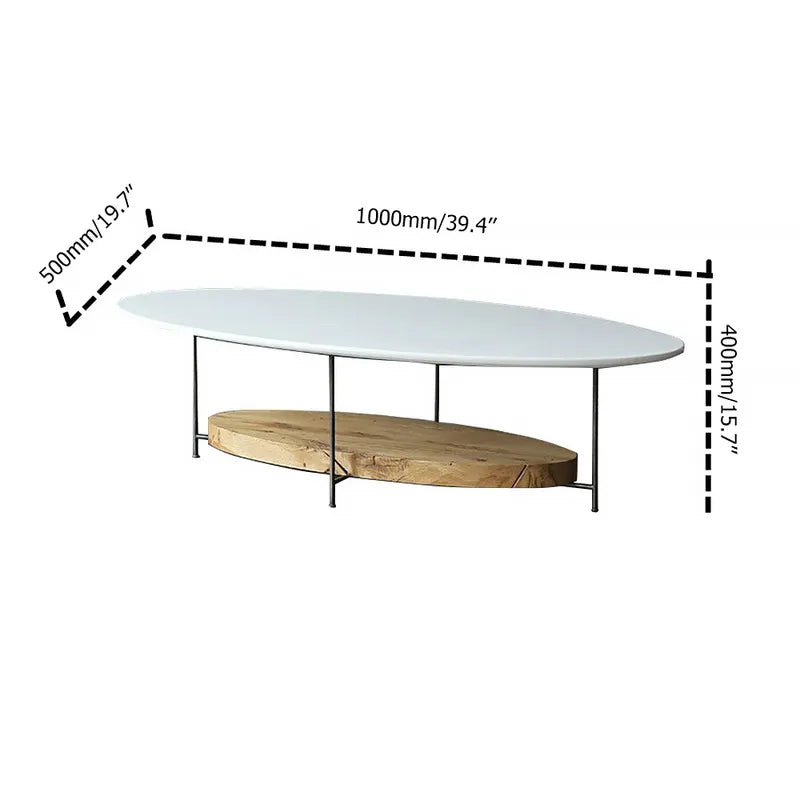 Modern White & Natural Oval Coffee Table with Storage Shelf Light Wood and Metal