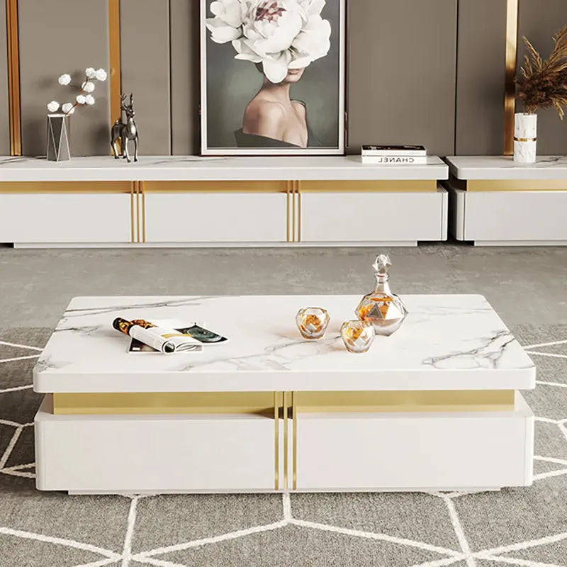 Modern Wood Coffee Table with Storage in White Center Table with Stainless Steel Base