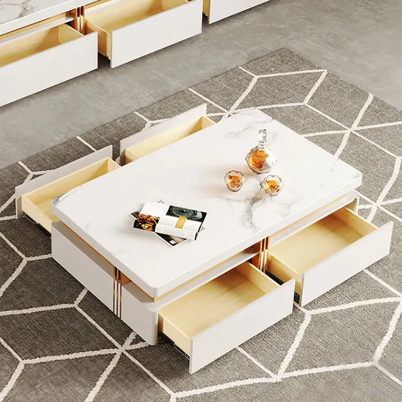 Modern Wood Coffee Table with Storage in White Center Table with Stainless Steel Base