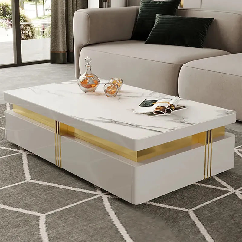 Modern Wood Coffee Table with Storage in White Center Table with Stainless Steel Base