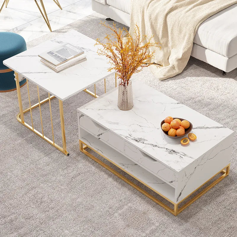 Modern Nesting Coffee Table Set of 2 in White with Drawers & Shelves